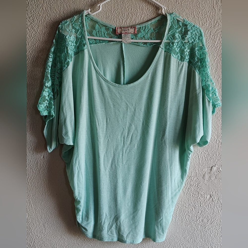 Chic Lace Sleeve Aqua Blouse